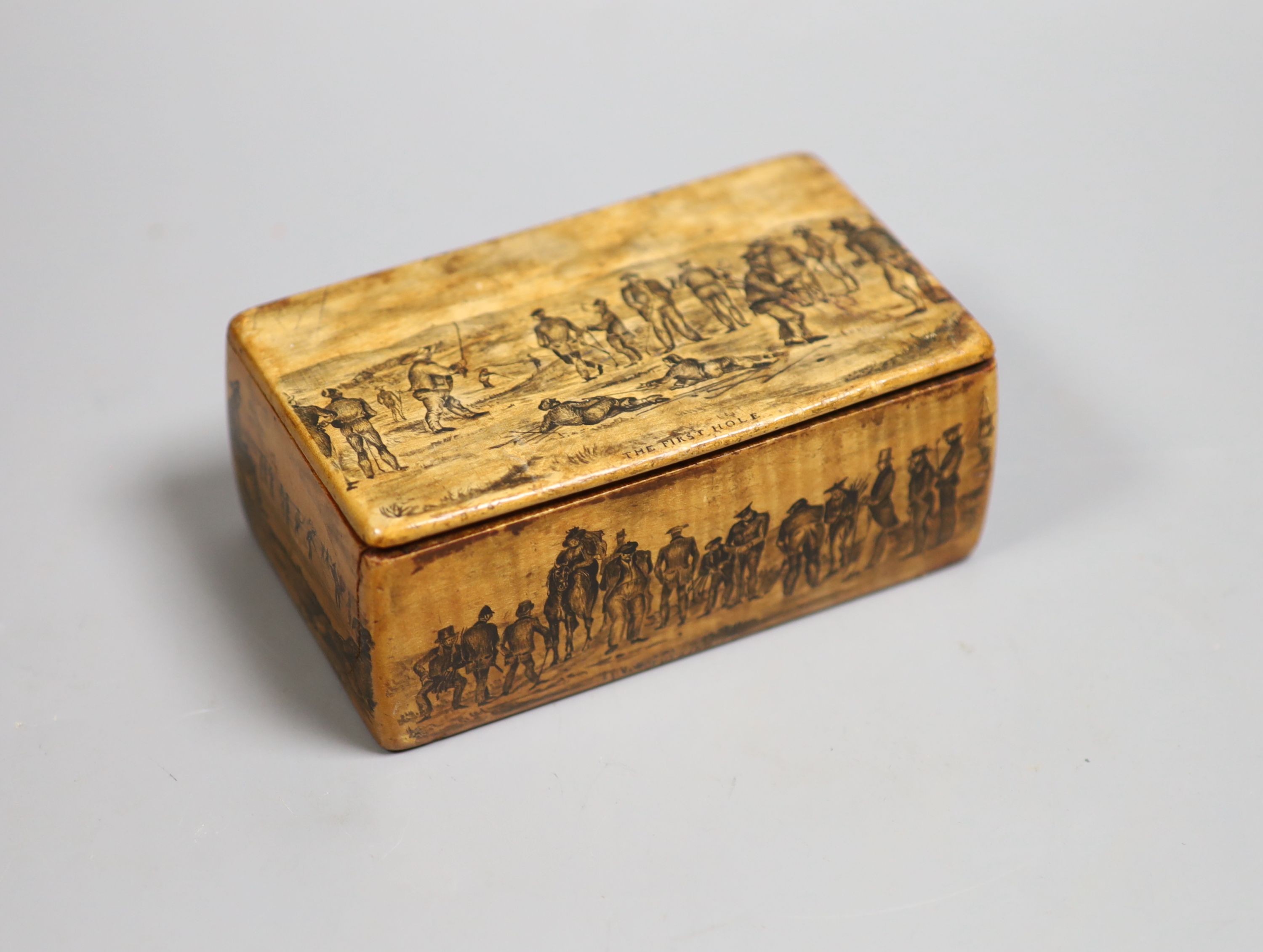 Early golfing interest - a rare Mauchline-ware sycamore penwork golfing snuff box, second quarter 19th century, by Charles Stiven of Laurencekirk 12.2cm